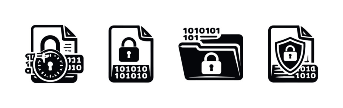 Data security vector icons set: lock, file, binary code symbols for digital protection