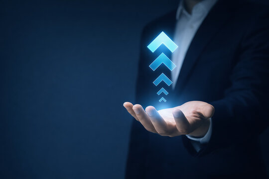 Glowing blue upward arrows concept floating above hand symbolizing career advancement business promotion and continuous personal or corporate growth success - Powered by Adobe
