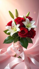Fototapeta premium Elegant classic bouquet of red roses and white lilies in a soft studio style in red, white, and pink colors representing romance and love for Valentine's Day