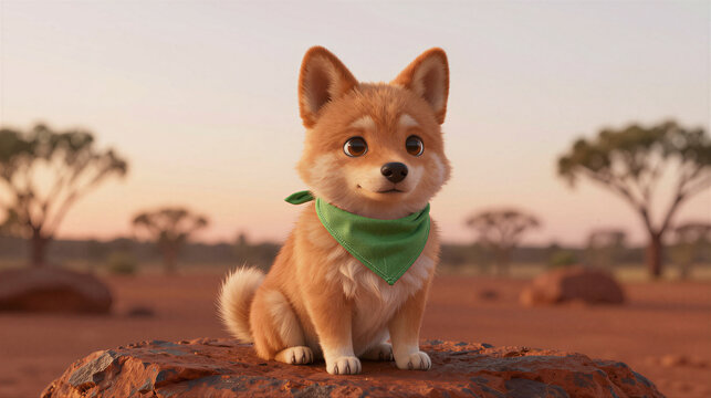 Adorable baby dingo sitting on a red outback rock at sunset, wearing a green bandana