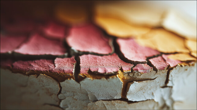 A polished, market-friendly photograph vivid macro beauty: up-close phot of black, red and yellow cracked paint