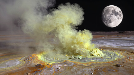 Geologically active moon with yellow sulfur geysers erupting into space over an iridescent mineral-rich surface