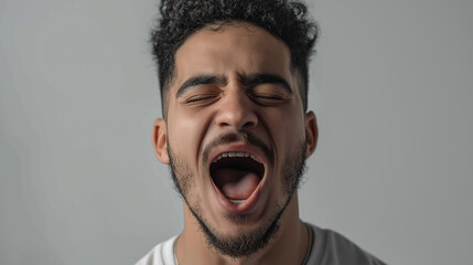A storytelling facial composition angry man in casual wear: intense close-up of frustration - furrowed brows, tensed jaw, beard, mustache, showing teeth and tongue during emotional outburst.