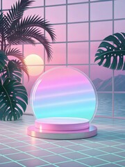 Obraz premium Retro futuristic scene with a pink podium and tropical plants at sunset