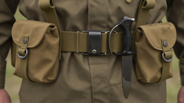 Detailed shot of a soldier with a heavy canvas belt featuring a canteen, bayonet in sheath, and a small first-aid pouch