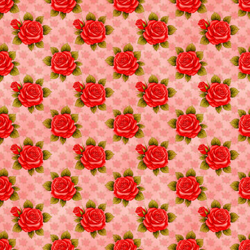 Seamless digital pattern featuring detailed red roses and green leaves on a textured pink background with subtle floral motifs. Ideal for romantic greeting cards, fabric prints, and digital paper use.