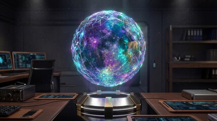 Futuristic Holographic Sphere Floating Over High-Tech Office Desk with Glowing Galaxy and Data Network Visualization