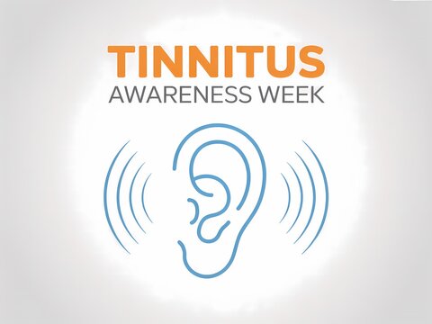 Tinnitus awareness week logo with ear and sound waves on gray background