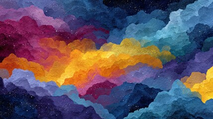 A vibrant and colorful illustration of a starry night sky with clouds