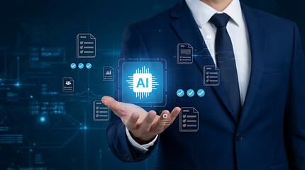 Businessman hand holding virtual glowing microchip with ai letters and circuit connections symbolizing future technology and artificial intelligence machine learning automation