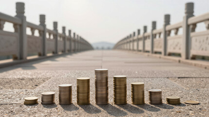 Stacks of coins form a bridge toward a sunlit horizon, symbolizing the path to financial freedom and a secure future.