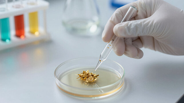 High-tech laboratory scene: growing gold crystals in a petri dish to symbolize financial engineering and value creation from innovation