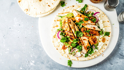 Grilled Honey sriracha chicken on a flat bread, top view. AI
