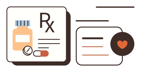 Fototapeta premium Healthcare, prescription management, pharmaceuticals, medical services, medication, digital records. Medicine bottle, pills and healthcare icon. Healthcare and prescription management