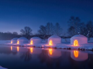 Illuminated igloos winter night reflection marketing