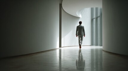 Obraz premium Businessman Walking Slowly Forward in Modern Hallway with Soft Light and Curved Walls