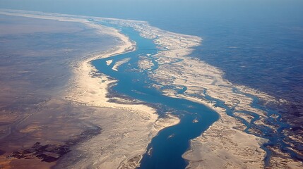 An aerial view of a winding river flowing through a desert landscape into the ocean