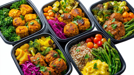 Organized meal prep flat lay, vibrant clean eating ingredients, balanced portions lean protein, veggies grains bright lighting, nutritious food display, with copy space