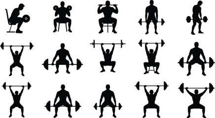 Weightlifting workout silhouette set, gym strength training exercises with barbell and dumbbells, powerlifting fitness routine poses, isolated black athlete figures illustration
