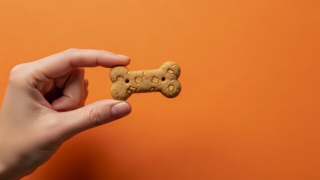 Close up of female hand holding dog snack on orange background