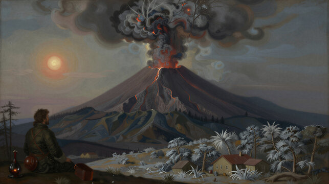 Tambora eruption of 1815 ? Year Without a Summer: a dim sun over a frostbound July landscape, lava veining the mountain, a solitary observer by a lantern