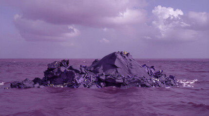 Purple Earth: A high-sulfur world with lavender clouds, magenta seas, and a jagged mound of debris in an otherworldly ocean