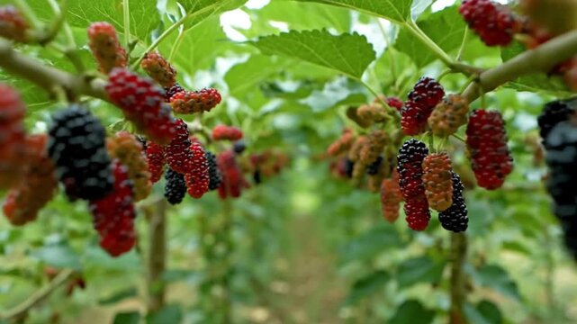 Close-up view of ripe and ripening mulberries hanging from branches in an orchard.