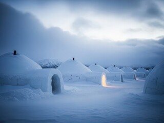 Igloo village winter landscape marketing poster
