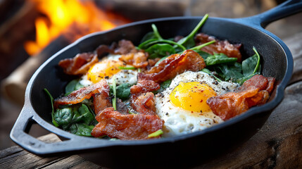 Cast iron skillet eggs bacon, spinach campfire glowing flames, wooden logs outdoor, cooking display camping, meal preparation, with copy space