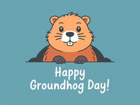 Cartoon groundhog peeking out from behind a banner with happy groundhog day text on a teal background