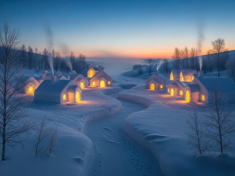 Snowy village igloos sunset winter landscape