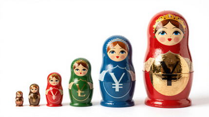 Nested Russian matryoshka dolls painted with currency symbols from copper coin to gold bar, illustrating layers of a diversified financial strategy