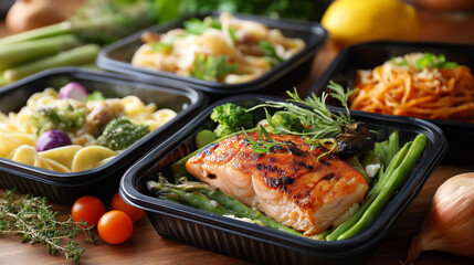 Freshly prepared meals black, containers variety healthy dishes, salmon grilled vegetables, pasta meal prep, delivery nutritious display, with copy space