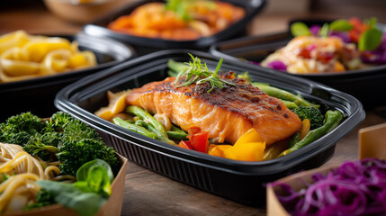 Freshly prepared meals black, containers variety healthy dishes, salmon grilled vegetables, pasta meal prep, delivery nutritious display, with copy space