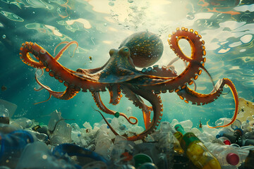 Hyperrealistic octopus swimming amidst ocean pollution