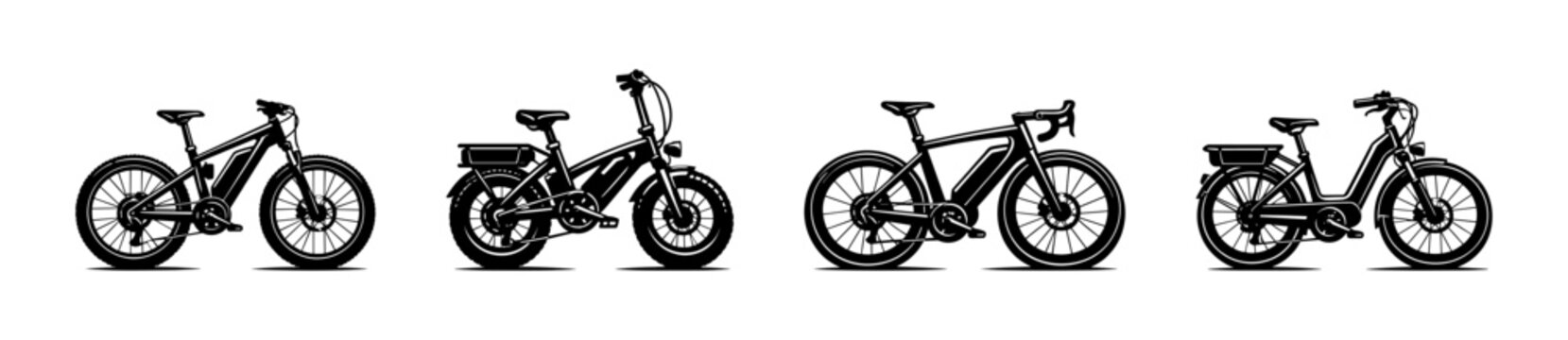 Bicycle vector icons set: mountain, folding, road, electric bikes collection
