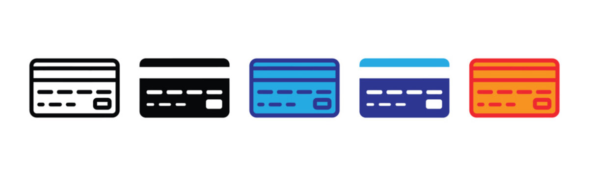Vector illustration icon collection of various colorful credit card icons in different colors