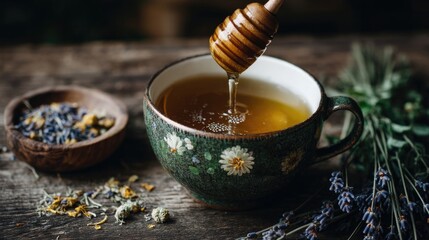 Warm Herbal Tea with Honey Dripping from Wooden Dipper Relaxing Atmosphere for Wellness and Natural Healing in a Beautiful Rustic Setting