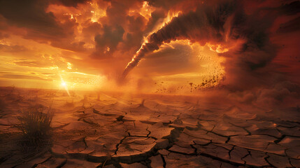 Dramatic tornado over arid landscape at sunset