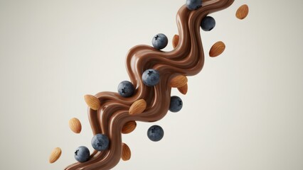 Liquid chocolate stream with falling blueberry and almond nut. Delicious and healthy dessert or snack ingredient. Smooth sweet food concept for recipe.