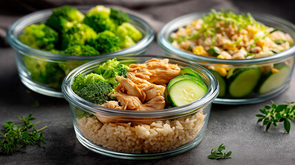 Three clear containers filled, healthy meal prep items, broccoli chicken rice cucumber, nutritious diet display, balanced food preparation, with copy space