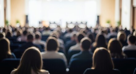 Conference attendees, business meeting crowd, and event audience in a lecture hall or auditorium