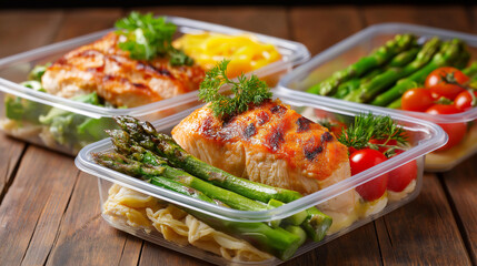 Healthy meal prep containers, chicken salmon asparagus protein, vegetables balanced diet, nutritious food display, fitness meal planning, with copy space
