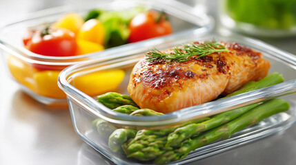 Healthy meal prep containers, chicken salmon asparagus protein, vegetables balanced diet, nutritious food display, fitness meal planning, with copy space