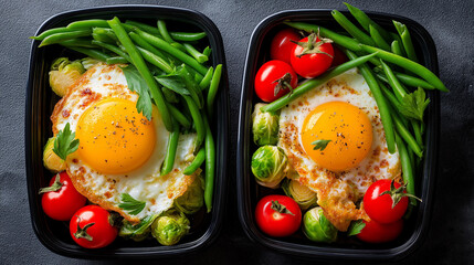 Vegetarian meal prep containers, eggs brussel sprouts green, beans tomato dinner lunch, box top view, flat lay vegetable, protein display, with copy space