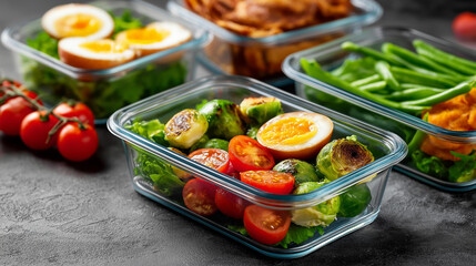 Vegetarian meal prep containers, eggs brussel sprouts green, beans tomato dinner lunch, box top view, flat lay vegetable, protein display, with copy space