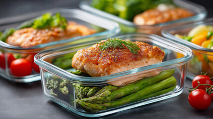Healthy meal prep containers, chicken salmon asparagus protein, vegetables balanced diet, nutritious food display, fitness meal planning, with copy space