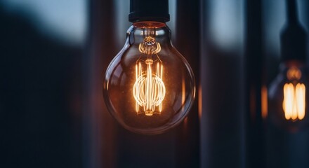 Detailed view of a radiant light bulb with a glowing filament, casting a warm, inviting light in a dimly lit setting, symbolizing brilliance and new beginnings, an inspirational image