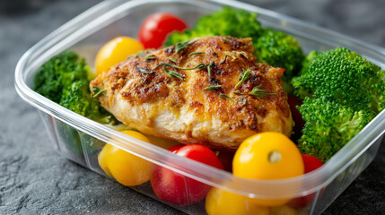 Chicken breast meal container, to-go protein serving, healthy food preparation display, portable nutrition option, fitness meal planning, with copy space