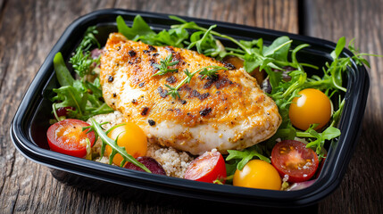 Chicken breast meal container, to-go protein serving, healthy food preparation display, portable nutrition option, fitness meal planning, with copy space